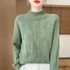 Suéter de tricô premium 100% lã, novo estilo outono/inverno, gola semimédia, modelagem solta, trançado grosso, pulôver para mulheres