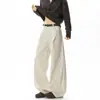 Calça casual masculina de algodão lavado plissada, estilo de rua americano de outono, calça de trabalho cinza, tendência de perna larga e corte solto, calça de perna curva