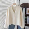 Cardigan de punto estilo coreano para primavera y otoño, nuevo, elegante, color liso, estilo simple, botón de perla, abrigo suelto para mujer, top