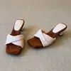 Pantuflas de Verano para Mujer para Exteriores 025 Estilo Nuevo Sandalias Tejidas Piel de Oveja Punta Cuadrada Tacones Altos Zuecos de Tacón Grueso para Mujer Sandalias de Punta Cerrada