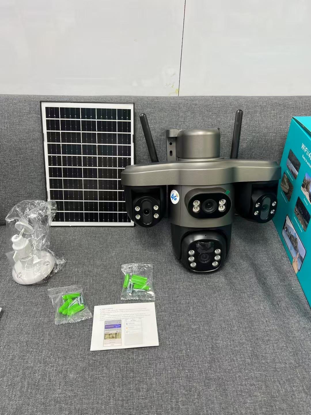 三摄像头三镜头三目太阳能监控摄像头三云台旋转4G低功耗防水无