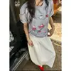 Camiseta de Manga Corta Gruesa de Algodón Puro de 5 Puntos de Moda para Mujer, Top Estampado de Manga Media, Camiseta Básica, Hombro Caído, Nuevo Estilo Chino, Verano