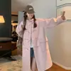 Abrigo de lana de longitud media con capucha y bolsillo de botón de cuerno rosa transfronterizo para mujer, abrigo petite estilo universitario de otoño e invierno, moderno