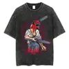 Camiseta Vintage Lavada do Anime Chainsaw Man com Gola de Marinheiro e Padrão Listrado, Camiseta Unissex Respirável e Confortável, Feita na China