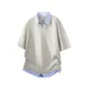 Camisa Polo Manga Curta Falsa Duas Peças Estilo Americano para Homens, Marca Tendência Europeia e Americana de Verão, Patchwork Listrado, Gola Polo, Pulôver, Design Único