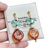 Pendientes Vintage Hechos a Mano Color Menta Marrón Flor de Mariposa Dorados Pintados Estilo Melard
