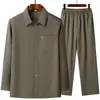 Traje de Camisa de Seda Helada de Manga Larga para Hombres de Mediana Edad y Mayores, Conjunto de Dos Piezas de Verano, Ropa Delgada de Verano para Personas Mayores, Ropa para Abuelo para Hombres