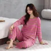 Algodón Puro Conjunto de Pijama a Rayas para Mujer de Otoño Nuevo, Ajuste Relajado Pantalones Largos Conjunto 100% Algodón