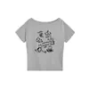 Nova Camiseta de Verão com Manga Curta e Ombro a Ombro para Mulheres com Estampa de Cachorro de Desenho Animado, Blusa Casual Solta de Um Ombro para Mulheres