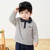 Polo de rayas para bebé, ropa para niños, lindo top de manga larga con oso de dibujos animados, ropa de otoño cómoda, agradable para la piel y moderna
