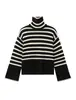 Suéter Rayado Blanco y Negro para Mujer, Temporada Otoño e Invierno 2026, Diseño con Abertura, Corte Holgado, Adelgazante, Ropa de Abrigo, Estilo Perezoso, Top de Punto de Cuello Alto