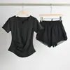 Conjunto Fitness de Verão Feminino Profissional Plus Size Corrida Secagem Rápida Pilates Yoga Treinamento Roupa Esportiva Top de Manga Curta com Decote V