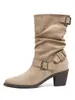 Botas de Cano Curto Femininas Retro Francesas para Outono/Inverno 2025, Bico Fino, Salto Bloco Grosso, com Fivela e Design Plissado, Botas Slim Versáteis