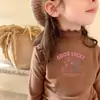 Ropa interior térmica para niñas con borde de hongo negro, ropa de otoño e invierno, camiseta de manga larga con medio cuello alto de forro polar, top cepillado para niños, versátil
