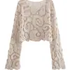 Otoño 2023 Nuevo Y2K Moda Europea y Americana Color Sólido Temperamento Cuello Redondo Manga Larga Encaje Ganchillo Suéter Top Mujer