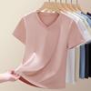 Camiseta Feminina de Algodão Mercerizado com Decote em V e Manga Curta, Nova Verão 2026, Slim-Fit, Valoriza a Silhueta, Ombro Normal, Blusa Fashion para Usar em Camadas