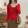 Camiseta casual de manga larga con cuello en U estilo coreano de rayón de 260 g para mujer, camiseta básica de color liso para otoño, ajuste ceñido, top para mujer