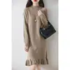 Vestido de malha outono e inverno com barra de renda para mulheres, gola semi-alta, pulôver, suéter espesso e quente, comprimento médio, solto, saia justa