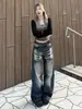 Jeans blancos de corte curvo con efecto desgastado retro americano para mujer, primavera y otoño, de cintura alta, pierna recta holgada, pantalones tipo guadaña de pierna ancha