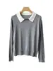 Tricô de gola pequena bicolor para mulheres, manga longa, fino, adequado para o trabalho, gola polo, blusa básica, top estiloso para o verão H072801