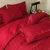 Juego de Cuatro Piezas de Boda de Alta Gama Nueva Funda de Edredón Roja Grande con Lazos Algodón Peinado Habitación de Boda Dote Ropa de Cama Xi