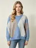 Venta al por mayor transfronteriza desde la fábrica de origen: suéter vintage de cuello redondo para mujer, suave y acogedor, casual, con bloques de color, estampado de rombos, tejido de punto de corte holgado para otoño e invierno