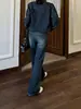 Jeans azul retrô slim-fit, adornado com strass, perna curva para mulheres, nova coleção outono/inverno 2026, apresentando um design estiloso, solto e de perna larga