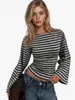 Camiseta de manga ancha ajustada a rayas con bloques de color y cuello redondo, versátil, para mujer, nueva de otoño, transfronteriza europea y americana, top de manga larga, venta al por mayor