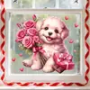 Perro con Flores en la Mano Ventana con Forma de Corazón Pegatina Estática para Vidrio Adecuada para Dormitorio, Sala de Estar, Balcón, Decoración Festiva