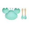 Juego de Alimentación de Silicona para Bebé de 4 Piezas, Plato con Ventosa de Cangrejo, Babero, Cuchara y Tenedor de Madera, Autoalimentación para Niños Pequeños