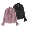Venta al por mayor de ropa para mujer estilo europeo y americano transfronteriza, camisa de gasa estampada estilo commuter con capas plisadas y manga acampanada