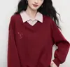 Camisa Falsa de Dos Piezas Lucky Fortune con Cuello Camisero y Parche de Sudadera Roja para Mujer, Nueva Colección Primavera 2026