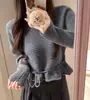Elegante Suéter de Punto con Mangas Murciélago Volantes para Mujer, Estilo Coreano, Nuevo Diseño de Invierno, Ceñido a la Cintura, Efecto Adelgazante, Suéter de Cuello Redondo