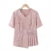 Roupa de Verão para Mãe de Meia-Idade e Idosa Roupas de Chiffon Modernas e Elegantes Novo Conjunto Feminino de Verão 2025 com Manga Curta e Calça