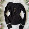 Europeu e Americano transfronteiriço início da primavera novo estilo estilo americano cruzado strass manga longa slim fit Y2K blusa de puxar camiseta atacado