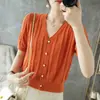 Camiseta de punto de algodón puro de manga corta, nuevo estilo de verano, cuello en V, cárdigan fino de ganchillo calado a la moda, top corto cómodo para mujer