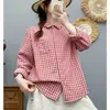 Gasa de doble capa de algodón puro 2026 otoño nuevo vintage holgada a cuadros manga larga protección solar camisa para mujer, top casual versátil