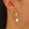 Brincos Pendentes de Estrela e Lua com Pedras Preciosas Transfronteiriços para Mulheres, Brincos Elegantes Estilo Corte Retro, Atacado