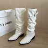 Hebilla Pila Pila Estilo Femenino Otoño e Invierno Punta Bicónica 2026 Botas para Usar Nuevas Tierras Baldías Tacón Grueso Botas Largas Caña Alta Gamuza