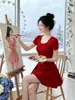 Vestido curto de manga curta puramente sedutor, sexy e quente, com decote em U que expõe a clavícula, novo estilo de verão, acinturado, em linha A, emagrecedor, para mulheres