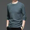 Camiseta Tricô Jacquard Gola Redonda Manga Longa Masculina Outono Novo Estilo Casual Cor Sólida Camisa Base Suéter para Homens Jovens e de Meia-Idade