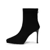 1082A Outono e Inverno Camurça Forrado com Fleece Bico Fino Preto Salto Alto Feminino Stiletto Elegante Impermeável Plataforma Aumentando Pernas Botas Curtas Slim