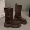 Botas de Moda Estilo Británico de Suela Gruesa para Aumentar Altura para Mujer 2026 Nuevo Otoño Verano Estilo Vaquero Occidental Páramo Botines Ajustados