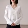 Cárdigan de Punto para Mujer, Nueva Colección Otoño/Invierno 2026, Lino Tencel, Cuello en V, Manga Larga, Color Sólido, Parte Superior con Borde Enrollado