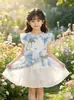Novo Vestido de Verão Azul com Estampa Tie-Dye de Raízes de Plantas e Bordado Floral para Meninas, Vestido de Princesa, Vestido de Alças A-Line Feifei para Crianças