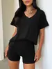 Sitio Web Independiente Europeo y Americano Aliexpress 2025 Manga Corta Primavera/Verano Nuevo Cuello en V Elegante Casual Color Sólido Conjunto de Moda para Mujeres