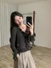 Blusa de Lã Slim com Gola Franzida e Manga Sino Redutora de Idade Francesa Feminina Branca Tamanho Único Preto Damasco
