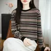 Camisa base de jacquard a rayas de lana finamente hilada para mujer, nuevo top de manga larga de lana pura ajustado estilo retro francés
