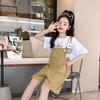 Traje de Pantalón con Tirantes para Niñas Verano Estilo Coreano Color Sólido Dibujos Animados Manga Corta Casual Pantalón con Tirantes Conjunto de Dos Piezas
