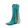 Otoño 2023 Botas de cuero casuales de punta para mujer con remaches, botas de moda tipo manga, botas con flecos, zapatos de tacón bajo para mujer, fabricantes, venta al por mayor
